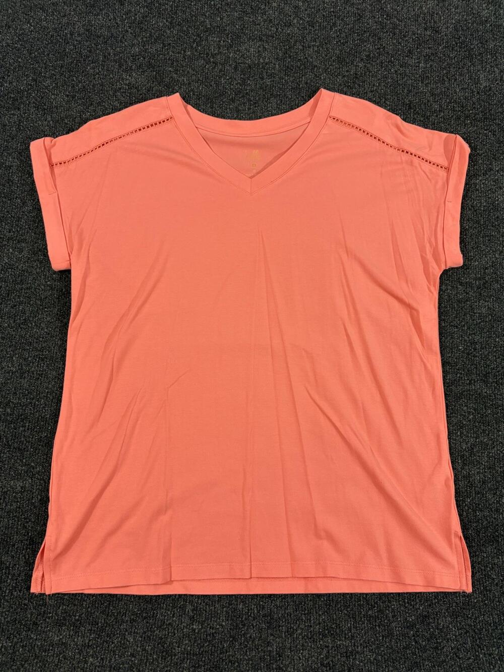 Belle By Kim Gravel Shirt Womens L Pink V Neck Cap Sleeve Crochet Jersey Top